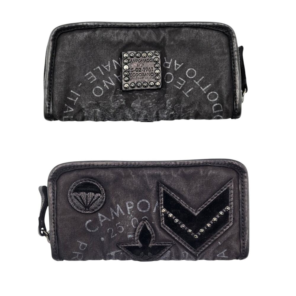 Campomaggi Italian Leather Canvas Blend Studded Patch Detail Continental Wallet